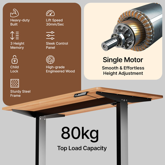 pTron EaseMate Table E1 Electric Height Adjustable Desk, 3 Memory Presets, Child, Ergonomic Sit-Stand Desk for Home Office/Studies, Strong Steel Frame, Engineered Wood, Digital Display (Wooden & Black)
