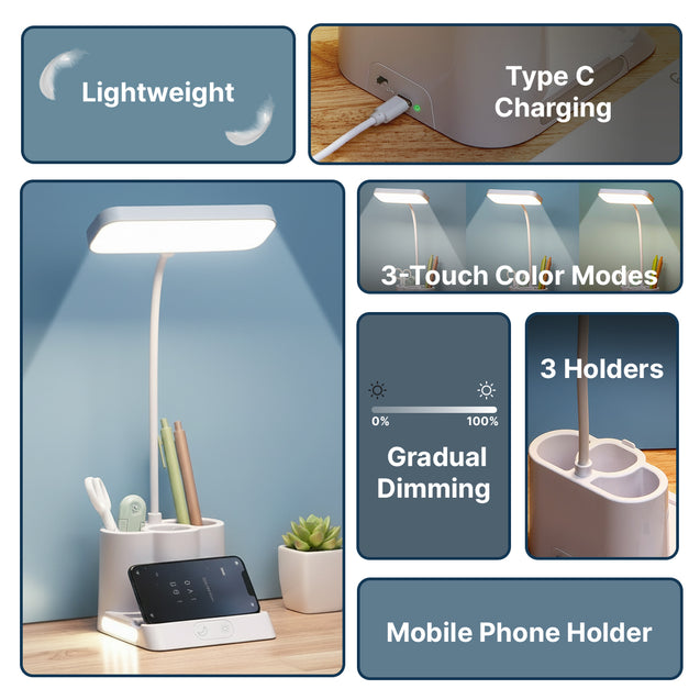 pTron 5W EaseMate Study Lamp L1, 6Hrs Runtime, Seamless Dimming, 3 Colour Modes, Adjustable Brightness Levels, Table Lamp for Study, Pen Stand, Night Lamp, Flexible Neck, Type C Charging (White)