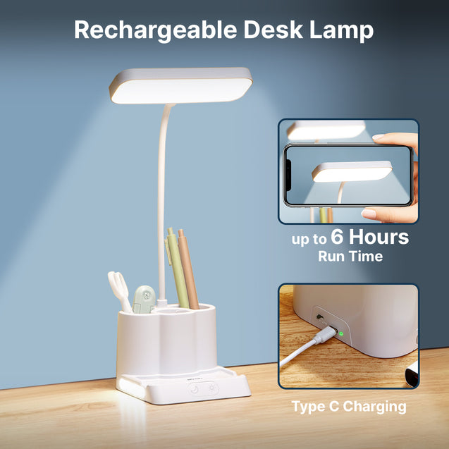 pTron 5W EaseMate Study Lamp L1, 6Hrs Runtime, Seamless Dimming, 3 Colour Modes, Adjustable Brightness Levels, Table Lamp for Study, Pen Stand, Night Lamp, Flexible Neck, Type C Charging (White)