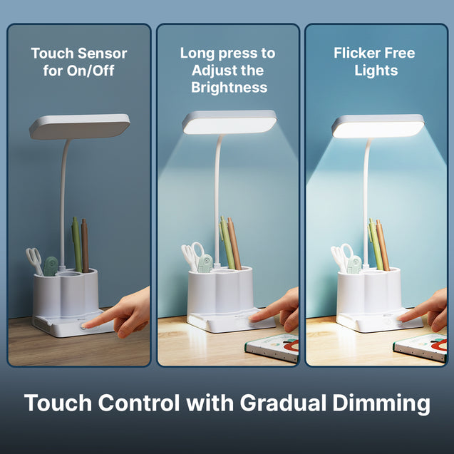 pTron 5W EaseMate Study Lamp L1, 6Hrs Runtime, Seamless Dimming, 3 Colour Modes, Adjustable Brightness Levels, Table Lamp for Study, Pen Stand, Night Lamp, Flexible Neck, Type C Charging (White)