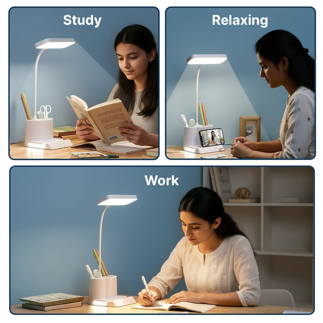 pTron 5W EaseMate Study Lamp L1, 6Hrs Runtime, Seamless Dimming, 3 Colour Modes, Adjustable Brightness Levels, Table Lamp for Study, Pen Stand, Night Lamp, Flexible Neck, Type C Charging (White)