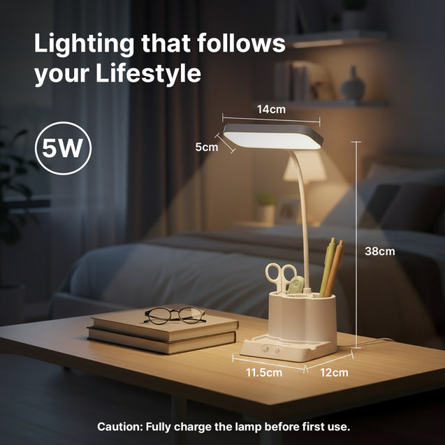 pTron 5W EaseMate Study Lamp L1, 6Hrs Runtime, Seamless Dimming, 3 Colour Modes, Adjustable Brightness Levels, Table Lamp for Study, Pen Stand, Night Lamp, Flexible Neck, Type C Charging (White)