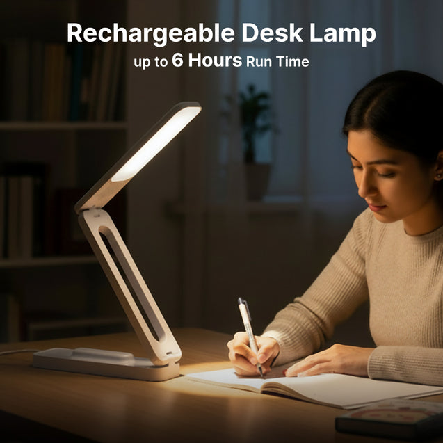 pTron 6W EaseMate Study Lamp L2, 6Hrs Runtime, Seamless Dimming, 3 Colour Modes, Adjustable Brightness Levels, Table Lamp for Study, 2-Fold Elbow Design, Wall Mountable, Type C Charging (White)