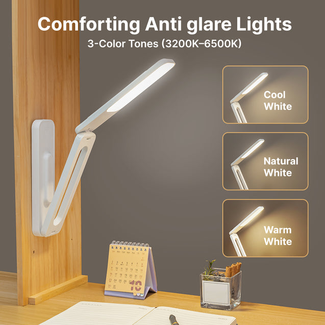 pTron 6W EaseMate Study Lamp L2, 6Hrs Runtime, Seamless Dimming, 3 Colour Modes, Adjustable Brightness Levels, Table Lamp for Study, 2-Fold Elbow Design, Wall Mountable, Type C Charging (White)