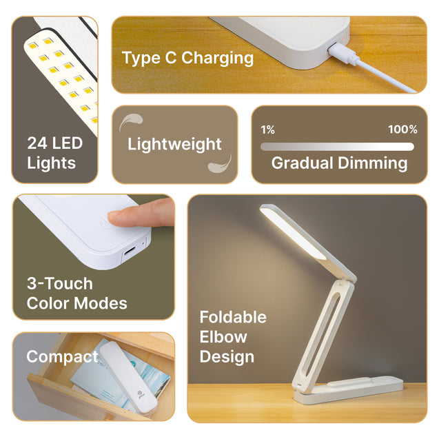 pTron 6W EaseMate Study Lamp L2, 6Hrs Runtime, Seamless Dimming, 3 Colour Modes, Adjustable Brightness Levels, Table Lamp for Study, 2-Fold Elbow Design, Wall Mountable, Type C Charging (White)