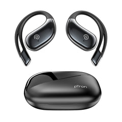 pTron Bassbuds Trendz Open Ear Wireless Earbuds, SafeBeats Design, HD Mics & TruTalk AI-ENC Calls, 45Hrs Playtime, App Support, 14.2mm Drivers, BT6.0 Headphones, Type C Charging & IPX5 (Pearl Black)