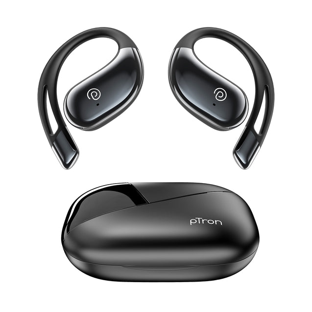 pTron Bassbuds Trendz Open Ear Wireless Earbuds, SafeBeats Design, HD Mics & TruTalk AI-ENC Calls, 45Hrs Playtime, App Support, 14.2mm Drivers, BT6.0 Headphones, Type C Charging & IPX5 (Pearl Black)