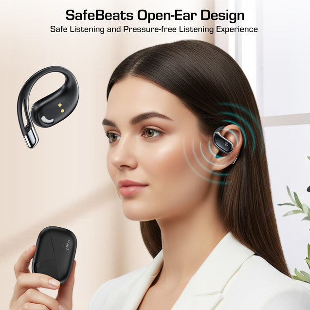pTron Bassbuds Trendz Open Ear Wireless Earbuds, SafeBeats Design, HD Mics & TruTalk AI-ENC Calls, 45Hrs Playtime, App Support, 14.2mm Drivers, BT6.0 Headphones, Type C Charging & IPX5 (Pearl Black)