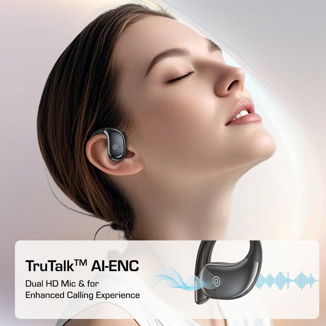 pTron Bassbuds Trendz Open Ear Wireless Earbuds, SafeBeats Design, HD Mics & TruTalk AI-ENC Calls, 45Hrs Playtime, App Support, 14.2mm Drivers, BT6.0 Headphones, Type C Charging & IPX5 (Pearl Black)