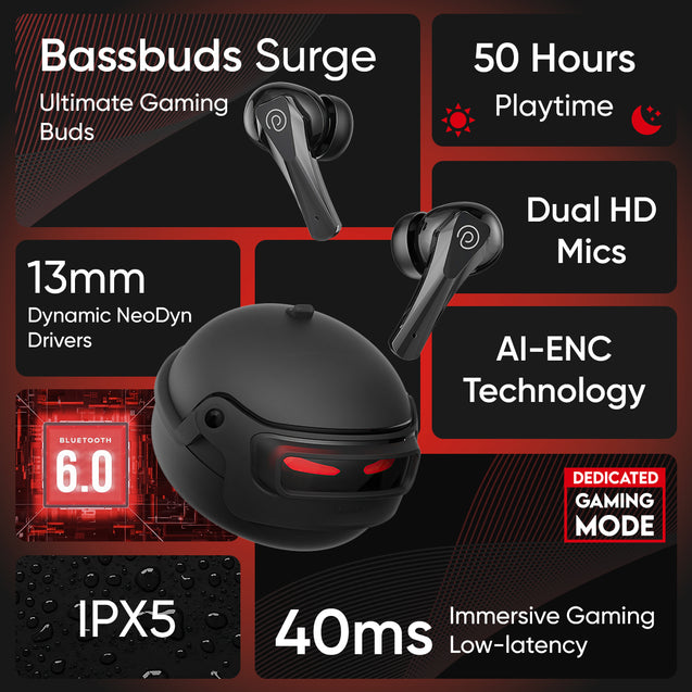 pTron Bassbuds Surge TWS Gaming Earbuds, 40ms Low-Latency, 50Hrs Playtime, Custom EQ, App Support, Dual Mic TruTalk AI-ENC Clear Calls, Pristine Sound, Bluetooth V6.0, IPX5 Water Resistant (Jet Black)