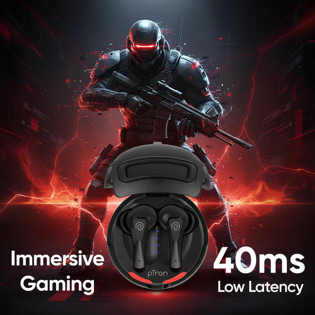 pTron Bassbuds Surge TWS Gaming Earbuds, 40ms Low-Latency, 50Hrs Playtime, Custom EQ, App Support, Dual Mic TruTalk AI-ENC Clear Calls, Pristine Sound, Bluetooth V6.0, IPX5 Water Resistant (Jet Black)