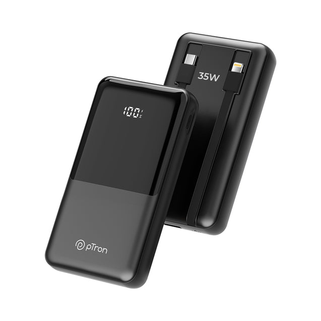 pTron Dynamo Bolt 20000mAh Power Bank, Inbuilt Charging Cables, 35W Super Fast Charging,USB Type-C Input Power Bank Compatible with QC3.0/PD3.0,4 Charging Outputs,Type-C Input/Output Port (Coal Black)
