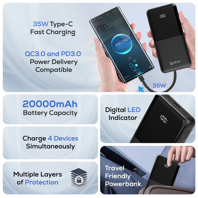 pTron Dynamo Bolt 20000mAh Power Bank, Inbuilt Charging Cables, 35W Super Fast Charging,USB Type-C Input Power Bank Compatible with QC3.0/PD3.0,4 Charging Outputs,Type-C Input/Output Port (Coal Black)