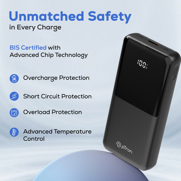 pTron Dynamo Bolt 20000mAh Power Bank, Inbuilt Charging Cables, 35W Super Fast Charging,USB Type-C Input Power Bank Compatible with QC3.0/PD3.0,4 Charging Outputs,Type-C Input/Output Port (Coal Black)