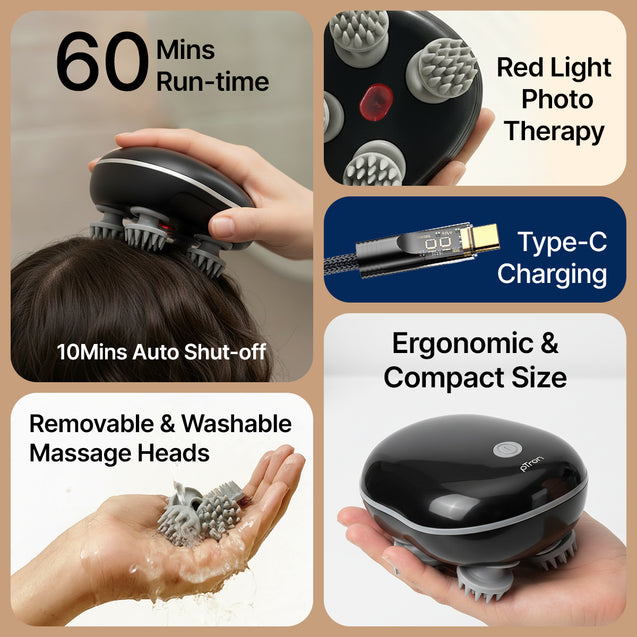 pTron Revivo Z2 Scalp Massager w/ 96 Silicon Kneading Points, Detachable Heads, Stress Relief & Relaxation, 3 Speed Modes, Scalp, Body & Head Massager for Hair Growth, Handheld, Rechargeable (Black)