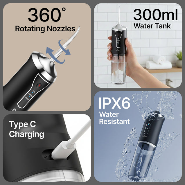 pTron EaseMate Oral Irrigator D1, Portable, Cordless & Rechargeable, 3 Cleaning Modes, 300ml Water Tank, IPX6 Water-resistant, Flossing at Home & Travel, Oral Flosser, Dental Flosser for teeth (Black)