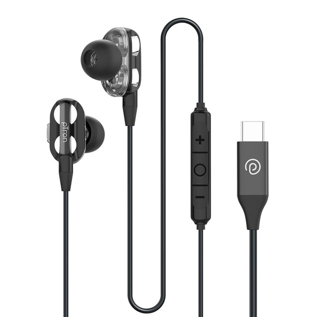 pTron Boom Play X4 Dual Driver in-Ear Type C Wired Earphones with in-line HD Mic, Music Call Control, Ergo-fit, 1.2m Tangle-Free Cable, Wide Compatibility (Obsidian)