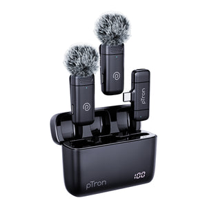pTron KWM-2 Type C Wireless Microphone with Charging case w/Noise Cancellation, 48Hrs Battery, 20m Wireless Range, Collar Mic for DSLR/iPhone/Android, Vlog, Streaming/Zoom Meeting (Obsidian)