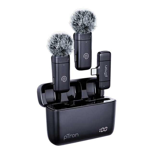 pTron KWM-2 Type C Wireless Microphone with Charging case w/Noise Cancellation, 48Hrs Battery, 20m Wireless Range, Collar Mic for DSLR/iPhone/Android, Vlog, Streaming/Zoom Meeting (Obsidian)