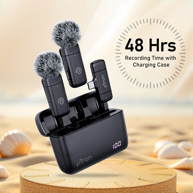 pTron KWM-2 Type C Wireless Microphone with Charging case w/Noise Cancellation, 48Hrs Battery, 20m Wireless Range, Collar Mic for DSLR/iPhone/Android, Vlog, Streaming/Zoom Meeting (Obsidian)