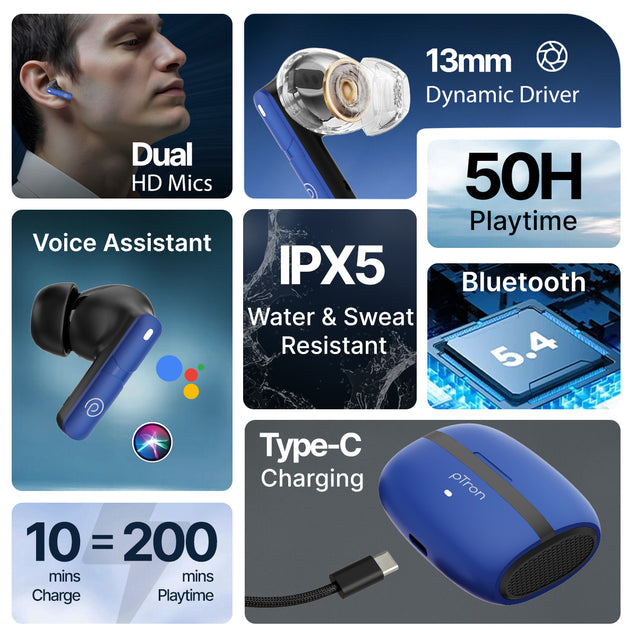 pTron Bassbuds Blaze in-Ear TWS Earbuds w/ 13mm Drivers, 50Hrs Playtime, AI-ENC Clear Calls, Bluetooth V5.4 Wireless Headphones, Touch Control, Voice Assistant, Type C Charging & IPX5 (Berry)