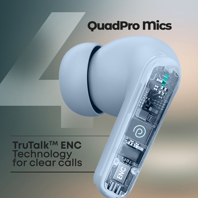 pTron Bassbuds Bliss TWS Ear Buds w/ 4 QuadPro Mics, 3D Audioscape, AI-ENC Calls, 40H Playtime, 50Ms Low-Latency Game/Music Modes, BTv5.3, Type C Fast Charging & IPX5 Water Resistant (Sky)