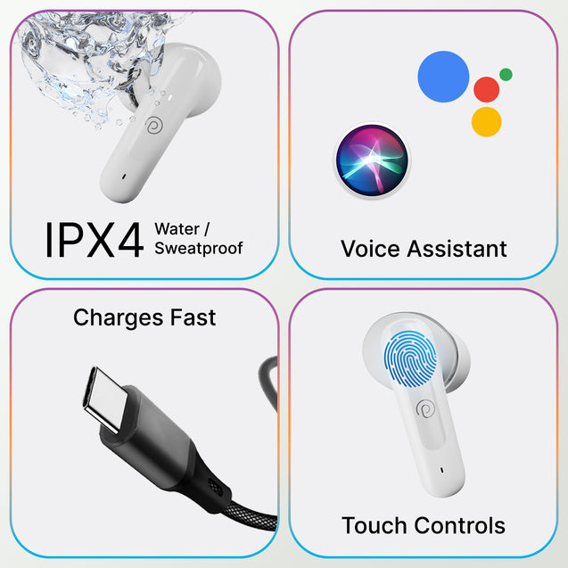 pTron Bassbuds Astra in-Ear TWS Earbuds w/Stereo Sound, 34Hrs Playtime, Stereo Calls, Custom EQ, Mobile App, BTv5.3 Headphones, Touch Control, Voice Assistant, Type C Charging & IPX4 (White)
