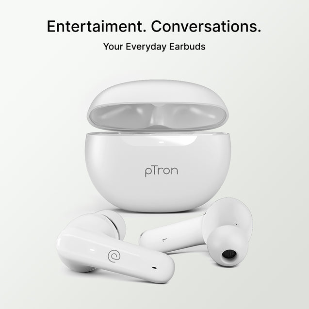 pTron Bassbuds Astra in-Ear TWS Earbuds w/Stereo Sound, 34Hrs Playtime, Stereo Calls, Custom EQ, Mobile App, BTv5.3 Headphones, Touch Control, Voice Assistant, Type C Charging & IPX4 (White)