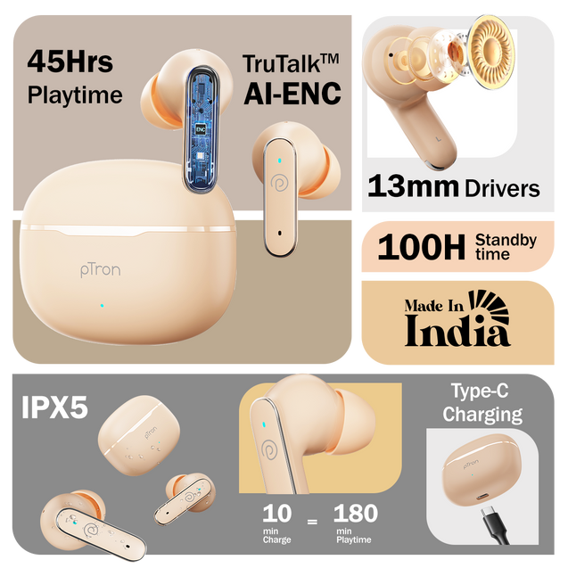 pTron Bassbuds Eon in-Ear TWS Earbuds w/ 13mm Drivers, 45Hrs Playtime, Dual HD Mic & TruTalk AI-ENC Calls, Custom EQ,Mobile App, Bluetooth v6.0 Headphones,Voice Assist., Type C Charging & IPX5 (Peach)