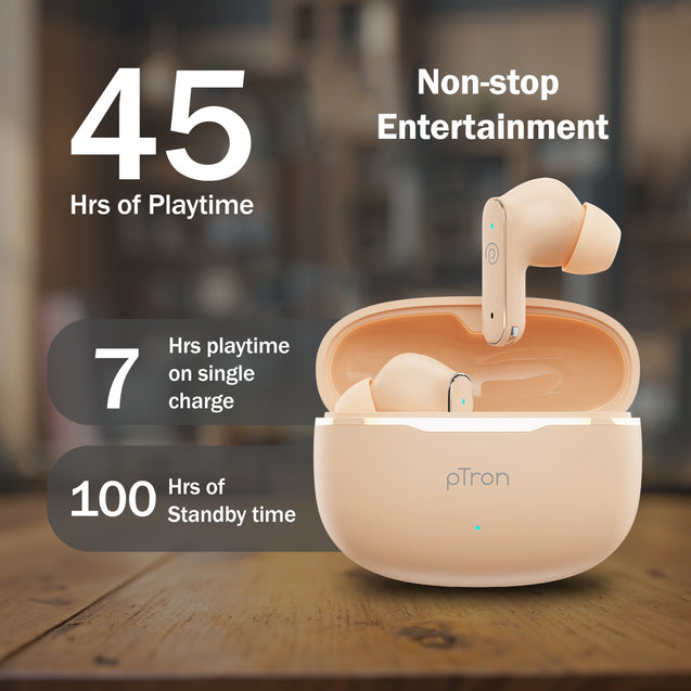 pTron Bassbuds Eon in-Ear TWS Earbuds w/ 13mm Drivers, 45Hrs Playtime, Dual HD Mic & TruTalk AI-ENC Calls, Custom EQ,Mobile App, Bluetooth v6.0 Headphones,Voice Assist., Type C Charging & IPX5 (Peach)