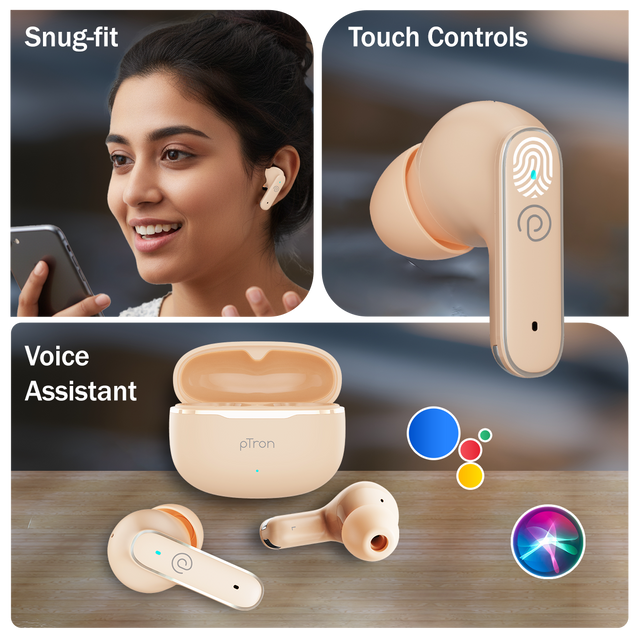 pTron Bassbuds Eon in-Ear TWS Earbuds w/ 13mm Drivers, 45Hrs Playtime, Dual HD Mic & TruTalk AI-ENC Calls, Custom EQ,Mobile App, Bluetooth v6.0 Headphones,Voice Assist., Type C Charging & IPX5 (Peach)