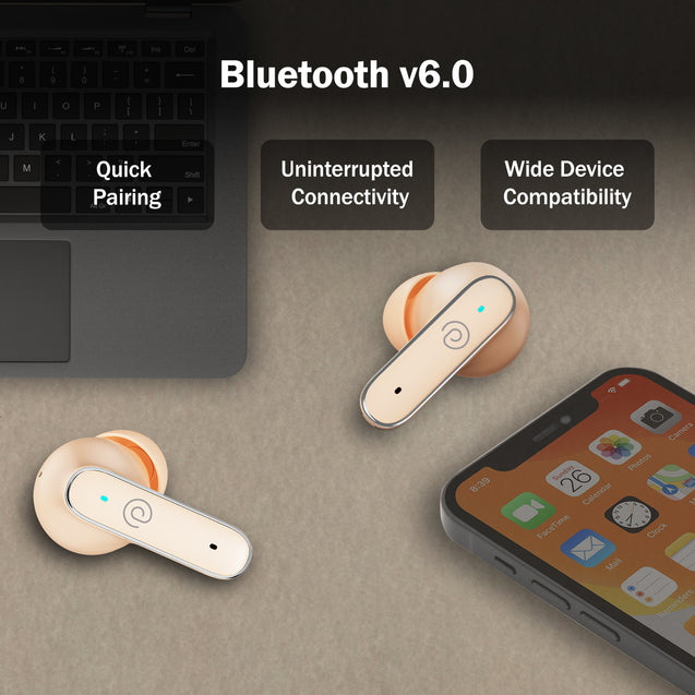 pTron Bassbuds Eon in-Ear TWS Earbuds w/ 13mm Drivers, 45Hrs Playtime, Dual HD Mic & TruTalk AI-ENC Calls, Custom EQ,Mobile App, Bluetooth v6.0 Headphones,Voice Assist., Type C Charging & IPX5 (Peach)