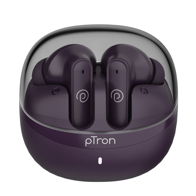 pTron Bassbuds Indie in-Ear TWS Earbuds w/ 10mm Drivers, 45Hrs Playtime, Dual HD Mic & AI-ENC Calls, Custom EQ, Mobile App, BTv5.4 Earphones, Voice Assistant, Type C Charging & IPX5 (Plum Perfect)