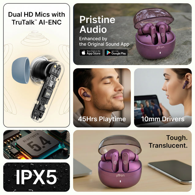pTron Bassbuds Indie in-Ear TWS Earbuds w/ 10mm Drivers, 45Hrs Playtime, Dual HD Mic & AI-ENC Calls, Custom EQ, Mobile App, BTv5.4 Earphones, Voice Assistant, Type C Charging & IPX5 (Plum Perfect)