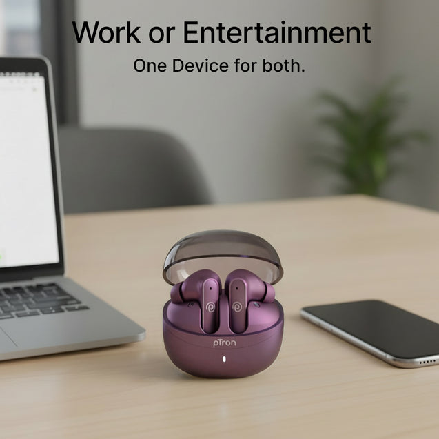 pTron Bassbuds Indie in-Ear TWS Earbuds w/ 10mm Drivers, 45Hrs Playtime, Dual HD Mic & AI-ENC Calls, Custom EQ, Mobile App, BTv5.4 Earphones, Voice Assistant, Type C Charging & IPX5 (Plum Perfect)