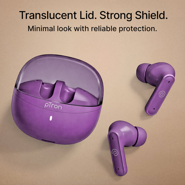 pTron Bassbuds Indie in-Ear TWS Earbuds w/ 10mm Drivers, 45Hrs Playtime, Dual HD Mic & AI-ENC Calls, Custom EQ, Mobile App, BTv5.4 Earphones, Voice Assistant, Type C Charging & IPX5 (Plum Perfect)