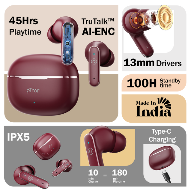 pTron Bassbuds Eon in-Ear TWS Earbuds w/ 13mm Drivers, 45Hrs Playtime, Dual HD Mic & TruTalk AI-ENC Calls, Custom EQ,Mobile App, Bluetooth v6.0 Headphones,Voice Assist., Type C Charging & IPX5 (Maroon)