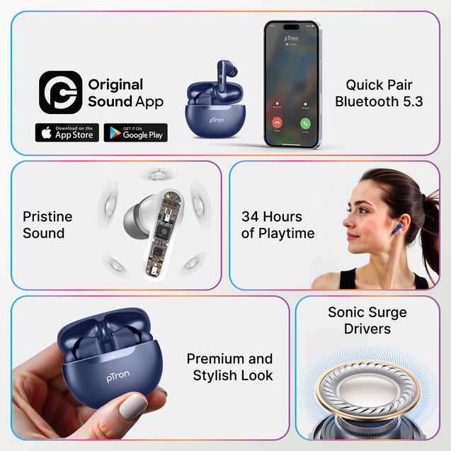 pTron Bassbuds Astra in-Ear TWS Earbuds w/Stereo Sound, 34Hrs Playtime, Stereo Calls, Custom EQ, Mobile App, BTv5.3 Headphones, Touch Control, Voice Assistant, Type C Charging & IPX4 (Navy Blue)