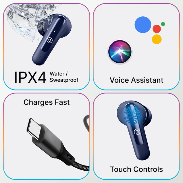 pTron Bassbuds Astra in-Ear TWS Earbuds w/Stereo Sound, 34Hrs Playtime, Stereo Calls, Custom EQ, Mobile App, BTv5.3 Headphones, Touch Control, Voice Assistant, Type C Charging & IPX4 (Navy Blue)