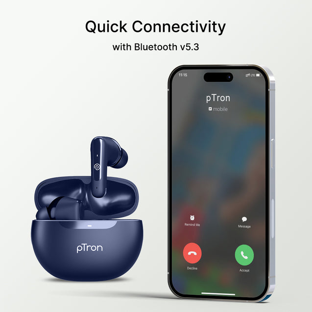 pTron Bassbuds Astra in-Ear TWS Earbuds w/Stereo Sound, 34Hrs Playtime, Stereo Calls, Custom EQ, Mobile App, BTv5.3 Headphones, Touch Control, Voice Assistant, Type C Charging & IPX4 (Navy Blue)
