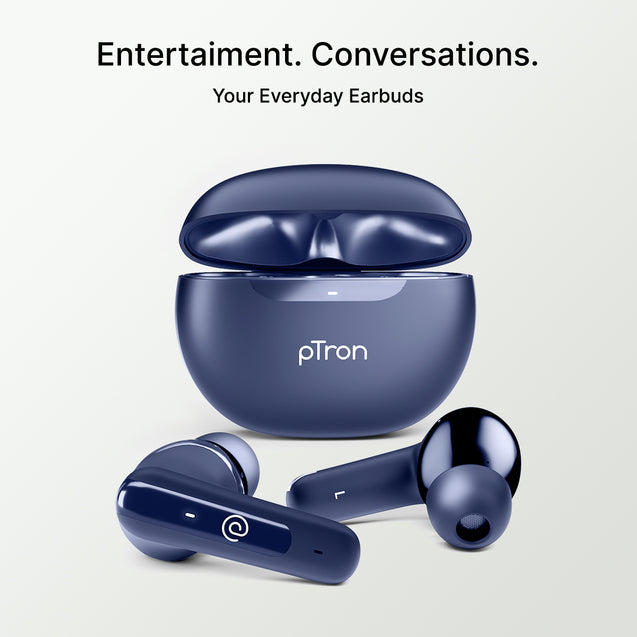 pTron Bassbuds Astra in-Ear TWS Earbuds w/Stereo Sound, 34Hrs Playtime, Stereo Calls, Custom EQ, Mobile App, BTv5.3 Headphones, Touch Control, Voice Assistant, Type C Charging & IPX4 (Navy Blue)
