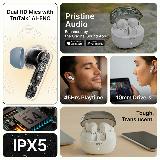 pTron Bassbuds Indie in-Ear TWS Earbuds w/ 10mm Drivers, 45Hrs Playtime, Dual HD Mic & AI-ENC Calls, Custom EQ, Mobile App, Bluetooth V5.4 Earphones, Voice Assistant, Type C Charging & IPX5 (White)
