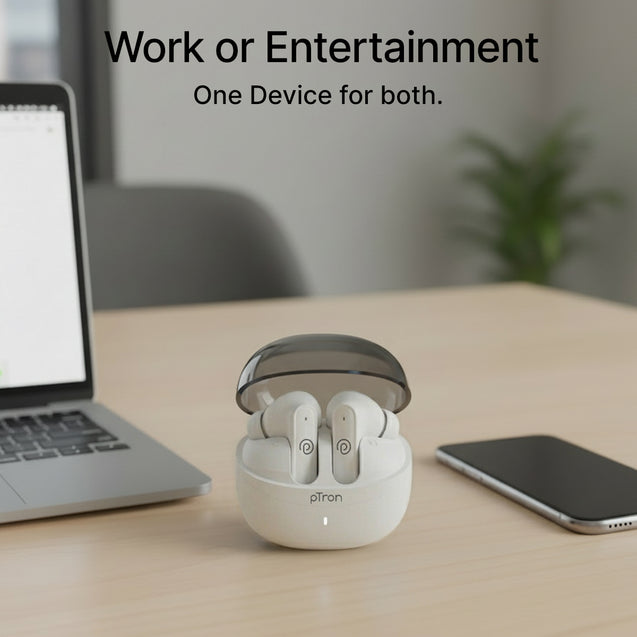 pTron Bassbuds Indie in-Ear TWS Earbuds w/ 10mm Drivers, 45Hrs Playtime, Dual HD Mic & AI-ENC Calls, Custom EQ, Mobile App, Bluetooth V5.4 Earphones, Voice Assistant, Type C Charging & IPX5 (White)