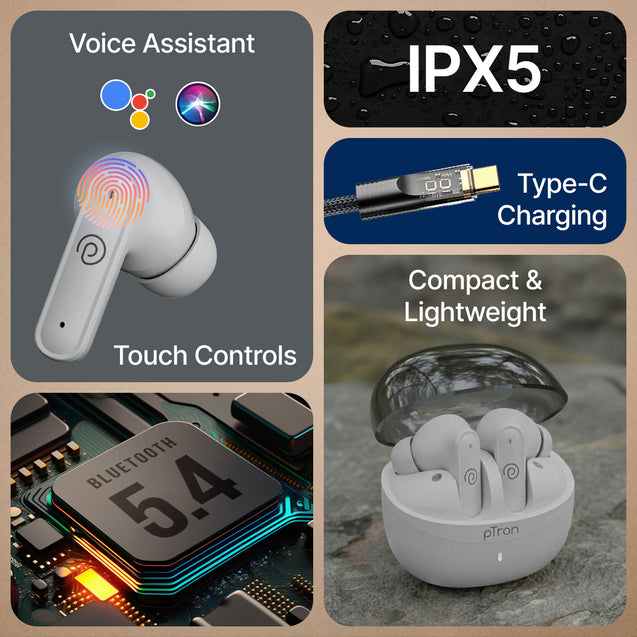 pTron Bassbuds Indie in-Ear TWS Earbuds w/ 10mm Drivers, 45Hrs Playtime, Dual HD Mic & AI-ENC Calls, Custom EQ, Mobile App, Bluetooth V5.4 Earphones, Voice Assistant, Type C Charging & IPX5 (White)