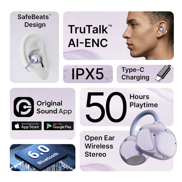pTron Bassbuds Verse Clips Wireless Open Ear Earbuds w/SafeBeats Tech, 50Hrs Playtime, Dual HD Mics, TruTalk AI-ENC, Custom EQ, Mobile App, Pristine Sound,BTv6.0 Earclips,Type C Charging (Pearl Purple)