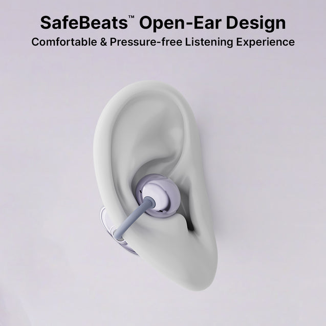 pTron Bassbuds Verse Clips Wireless Open Ear Earbuds w/SafeBeats Tech, 50Hrs Playtime, Dual HD Mics, TruTalk AI-ENC, Custom EQ, Mobile App, Pristine Sound,BTv6.0 Earclips,Type C Charging (Pearl Purple)