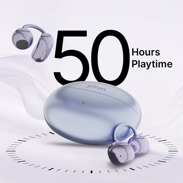 pTron Bassbuds Verse Clips Wireless Open Ear Earbuds w/SafeBeats Tech, 50Hrs Playtime, Dual HD Mics, TruTalk AI-ENC, Custom EQ, Mobile App, Pristine Sound,BTv6.0 Earclips,Type C Charging (Pearl Purple)