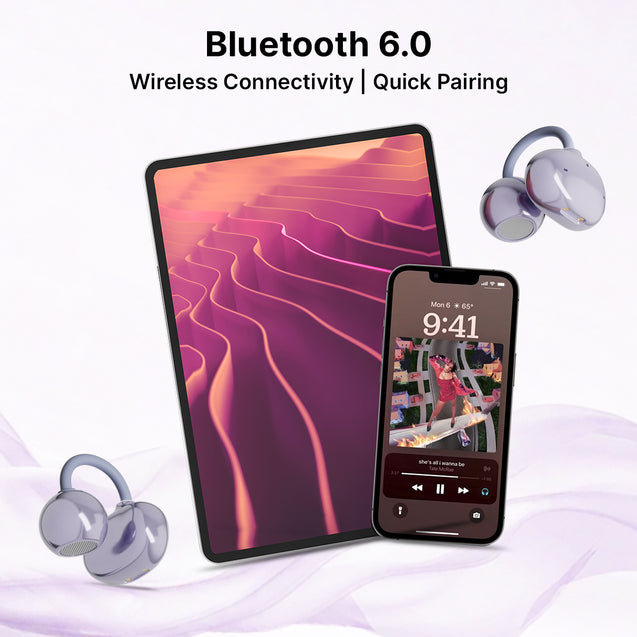pTron Bassbuds Verse Clips Wireless Open Ear Earbuds w/SafeBeats Tech, 50Hrs Playtime, Dual HD Mics, TruTalk AI-ENC, Custom EQ, Mobile App, Pristine Sound,BTv6.0 Earclips,Type C Charging (Pearl Purple)