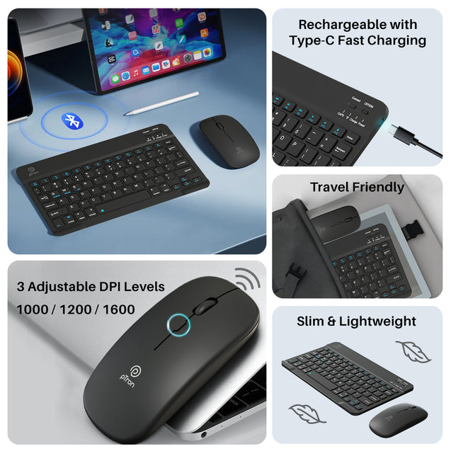 pTron Keyvo KW4 Wireless Keyboard & Mouse Combo Set, Ultra-Slim Keyboard w/ 78 Keys, Multimedia Keys, BT Mouse w/ 1600 DPI Precision Optical Sensor, Compatible with Tablets/Smartphones/PC (Sable)
