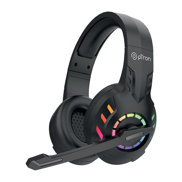 pTron Studio Sports Wireless BT Gaming Over-Ear Headphones, 30MS Low-Latency for Thrilling Gaming Experience, RGB Lights, Boom HD Mic w/AI ENC, 60Hr Playtime, Punchy Sound, Type-C Fast Charging(Sable)
